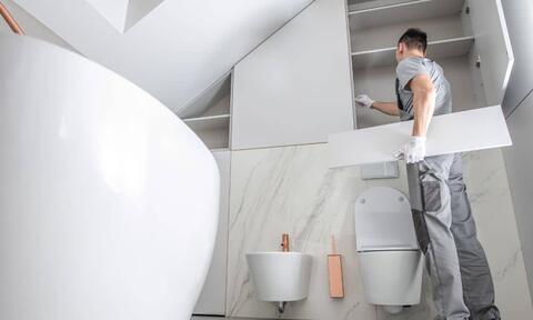 A Man Worker Installing Bathroom Cabinets