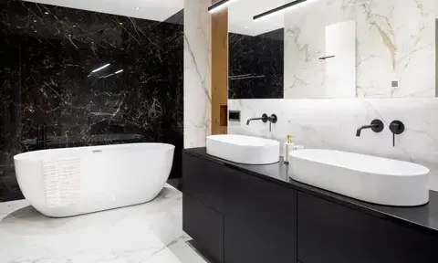 Bathroom Suites With White Freestanding Bath and Black Double Sink Modern Vanity Unit