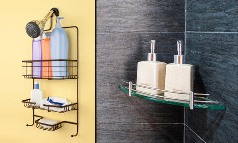 Shampoo, Liquid Soap, and Other Bathing Products Stored in Shower Shelf