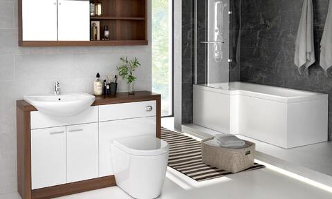 White Bathroom FurnitureL Vanity Unit, Toilet, and Bath
