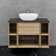 britton hackney 900mm wall hung cherry wood vanity unit with shelves & countertop basin