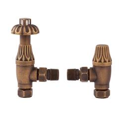 Antique Brass Angled Thermostatic Radiator Valves & Lock Shield Traditional Bathroom Accessory