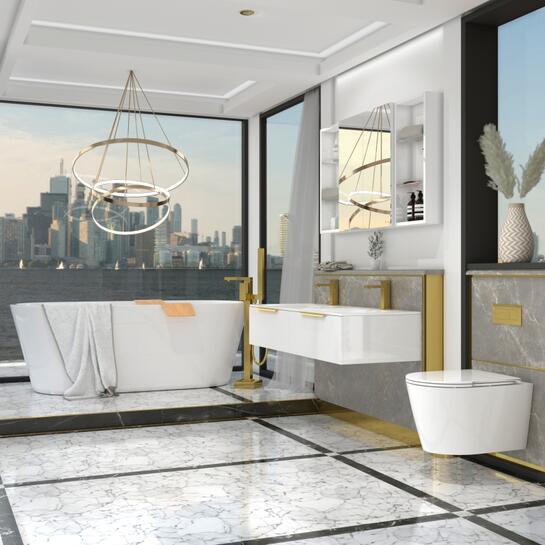 Jivana Suite | 1200 White Vanity, Toilet, Bath | Gold Handles