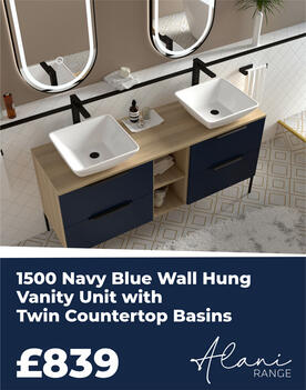 blue double vanity unit with storage with countertop basins