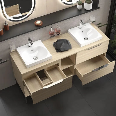 Alani 1500mm oak double vanity unit with square countertop basins