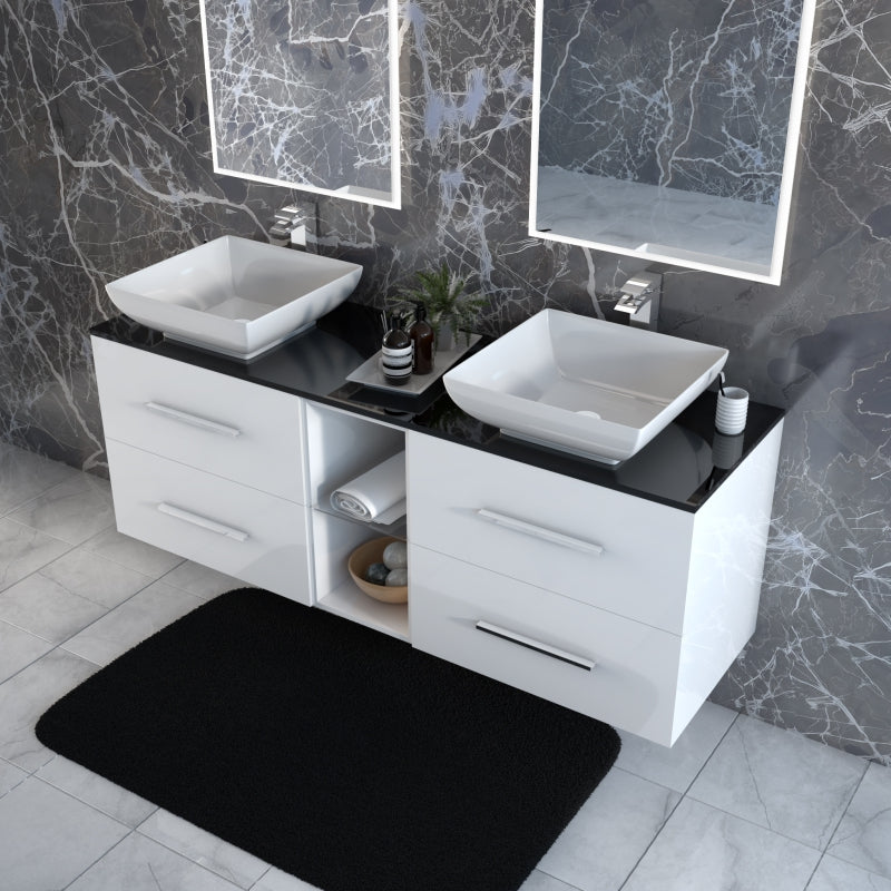 Sonix White 1500 Double Vanity Unit with Black Glass Top