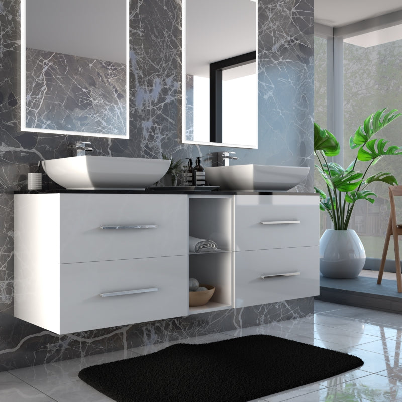 Sonix White 1500 Double Vanity Unit with Black Glass Top