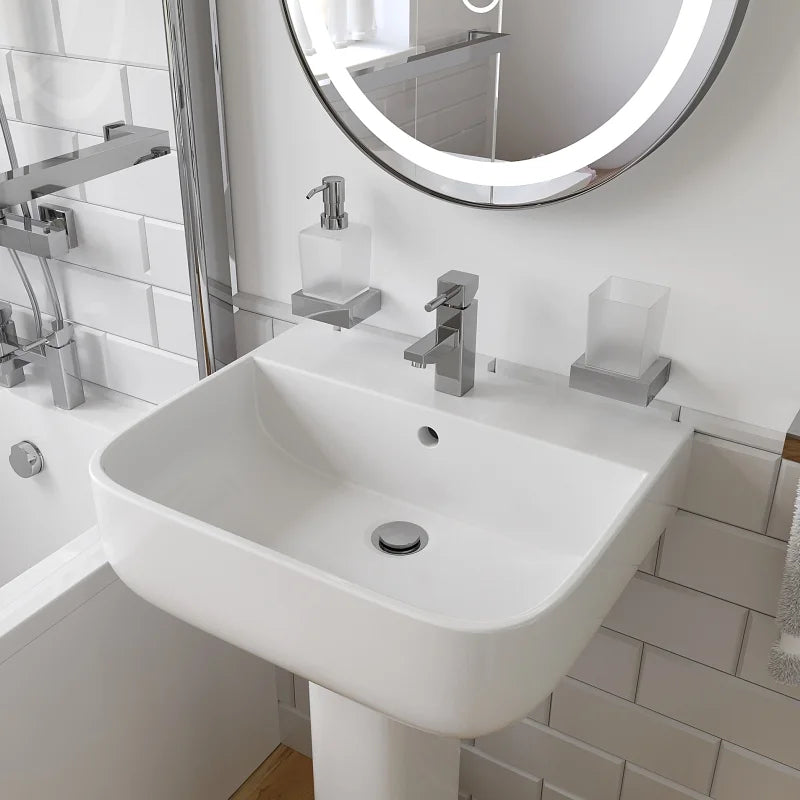 Laguna L-Shaped Shower Bath Suite — Basin, Pedestal, Toilet, Bath, Screen, Taps & Waste
