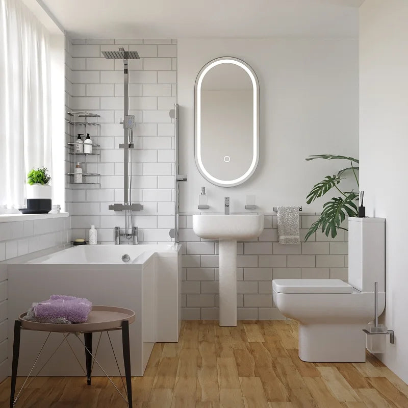 Laguna L-Shaped Shower Bath Suite — Basin, Pedestal, Toilet, Bath, Screen, Taps & Waste