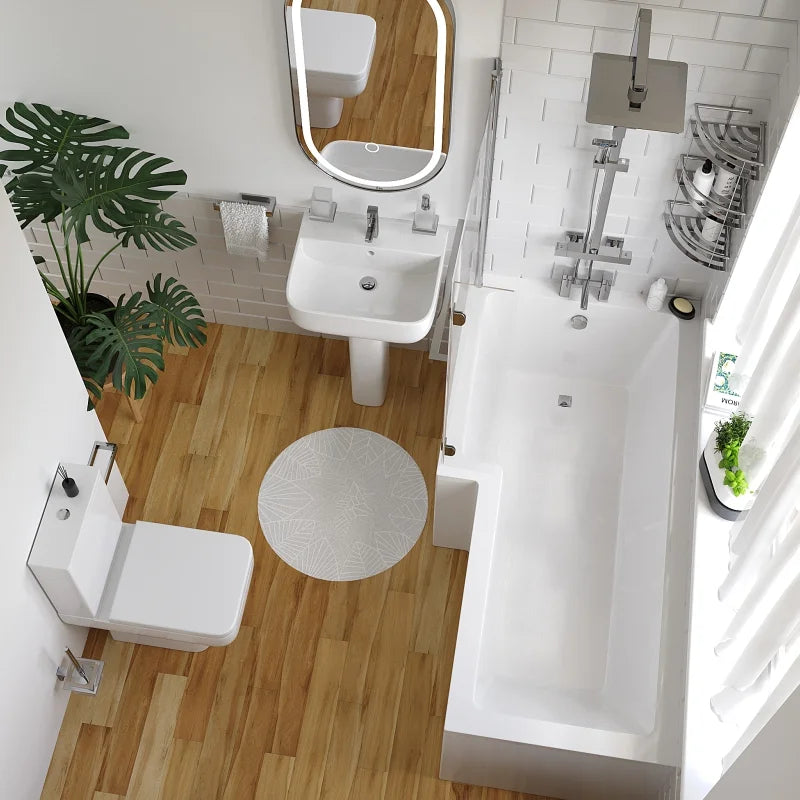 Laguna L-Shaped Shower Bath Suite — Basin, Pedestal, Toilet, Bath, Screen, Taps & Waste