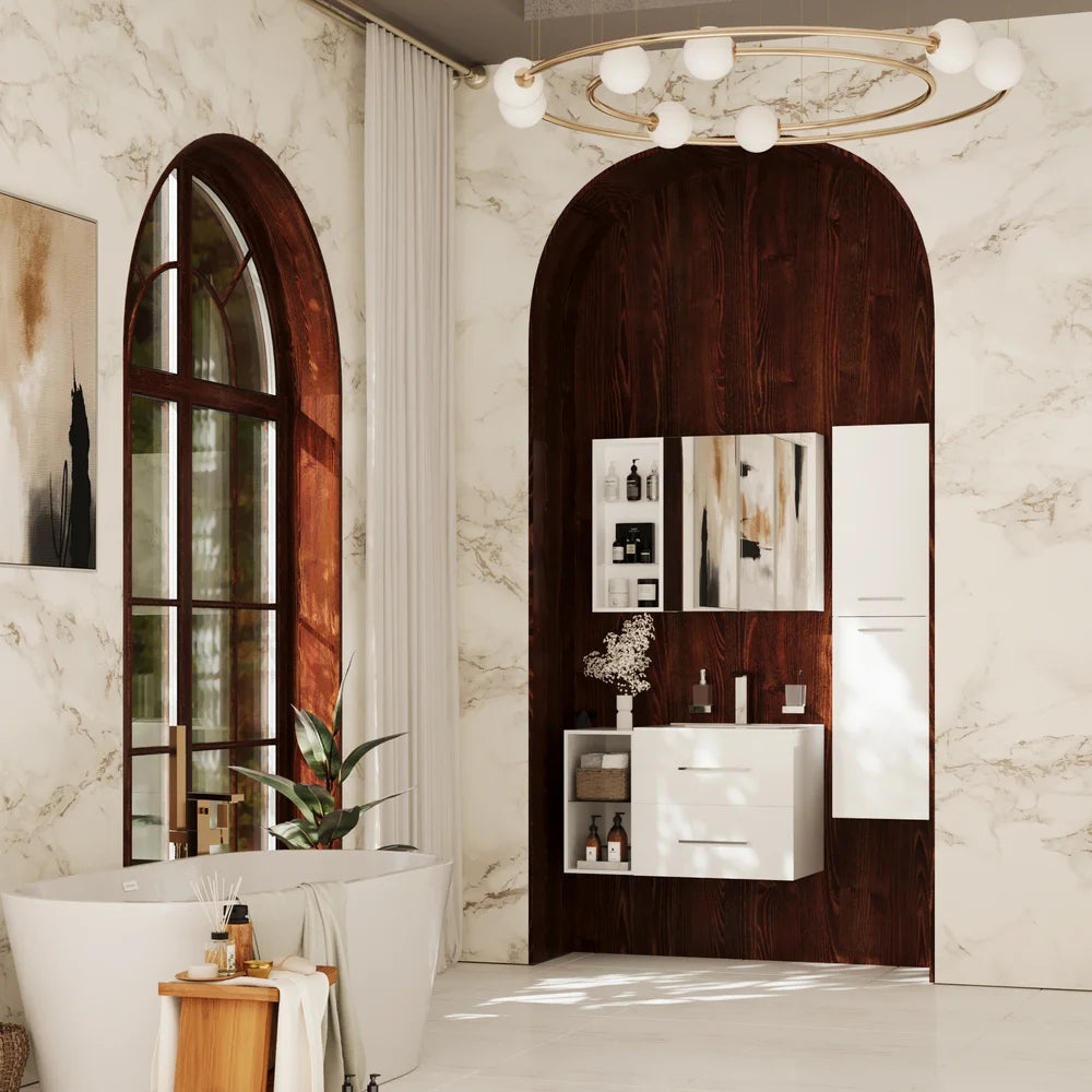 Sonix White 900mm Vanity Unit Furniture Set with Tallboy and Mirror Cabinet