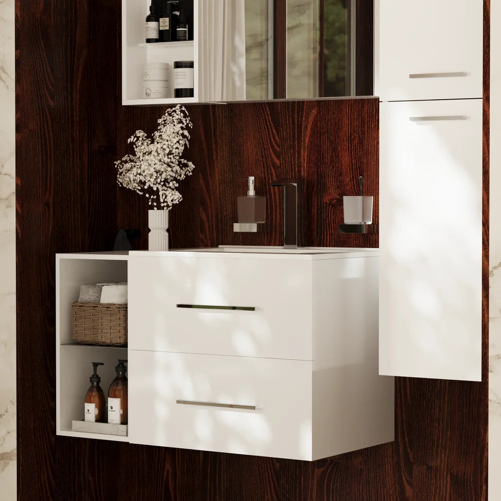 Sonix White 900mm Vanity Unit Furniture Set with Tallboy and Mirror Cabinet