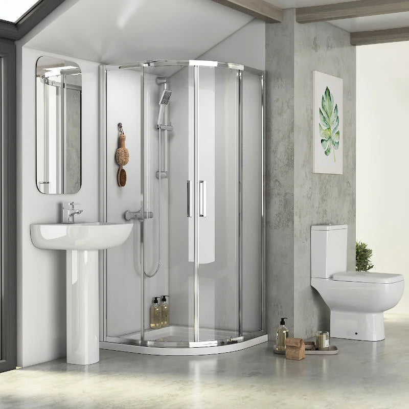 Radiant Corner Shower Suite — 800mm Quadrant Enclosure, Basin, Pedestal & Toilet