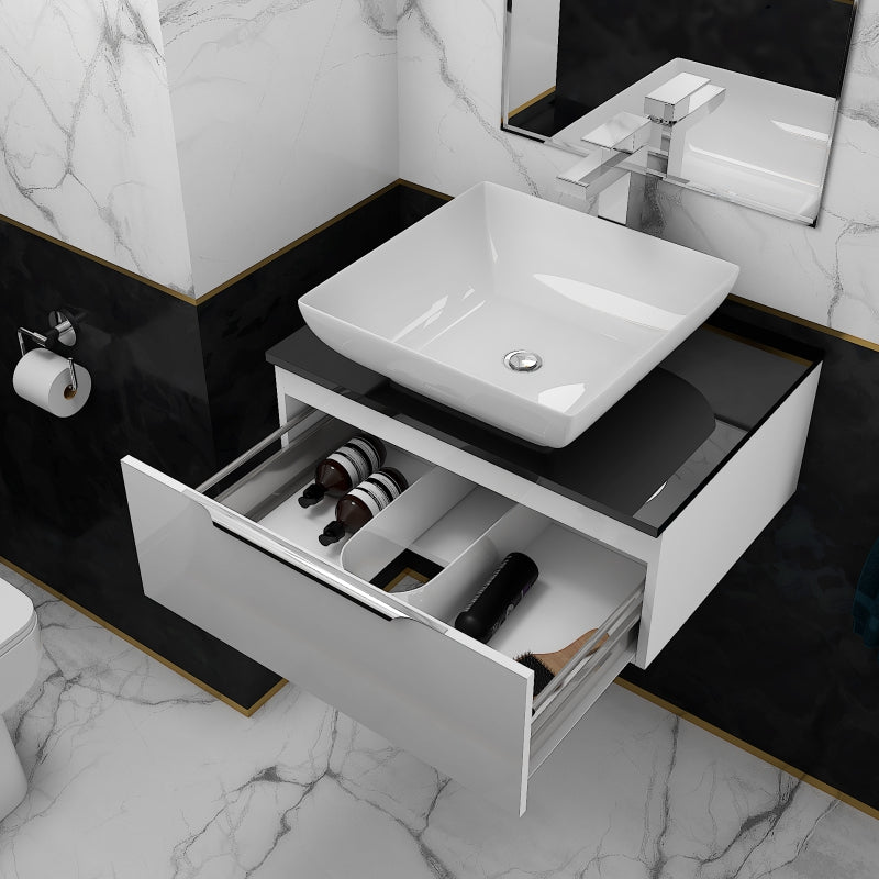 Jivana 600mm White Vanity Unit with Black Glass Worktop