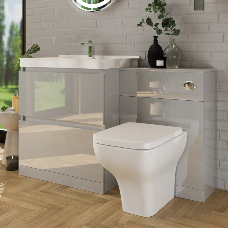 Ashford 800 Light Grey Cloakroom Suite: Vanity Unit, WC Unit & Toilet, Deep Basin, 2 Drawer, Handleless