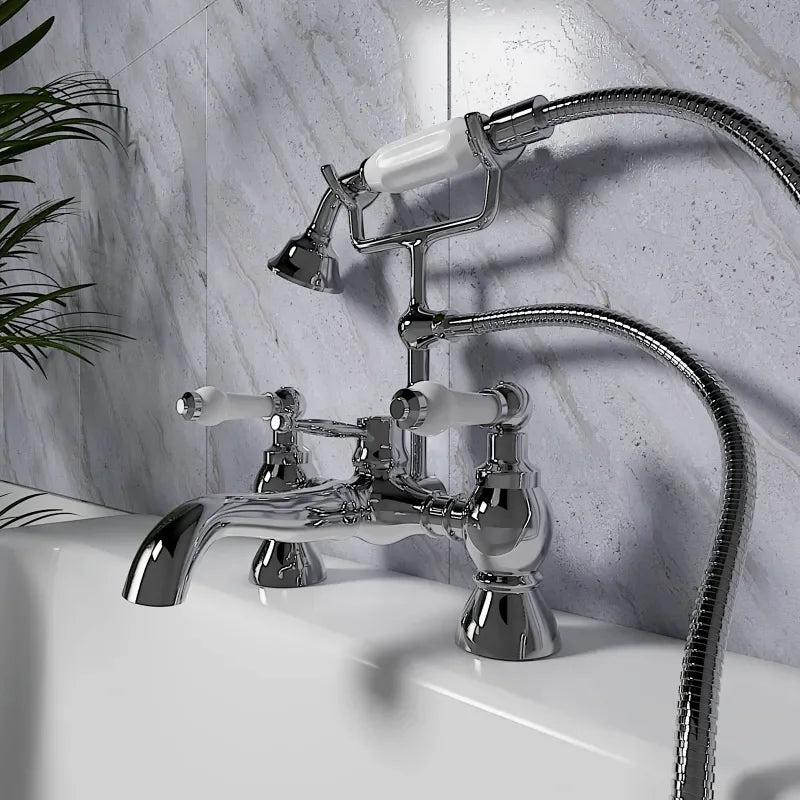 Clarice lever bath shower mixer tap with handset and hose in chrome, traditional lever handles with heritage styling