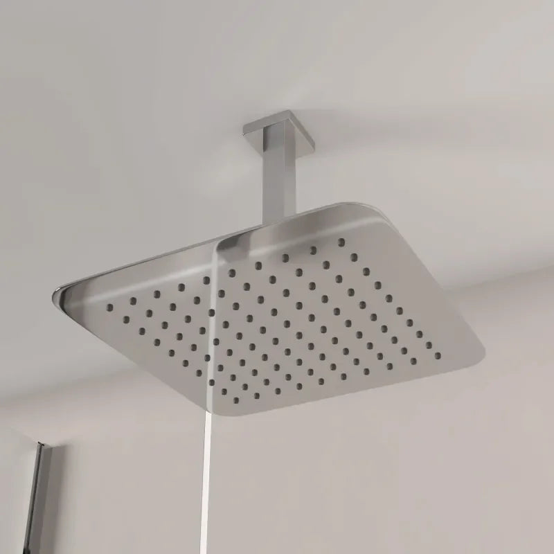 Ribble square ceiling-mounted shower arm in chrome, connecting overhead shower head for rainfall experience