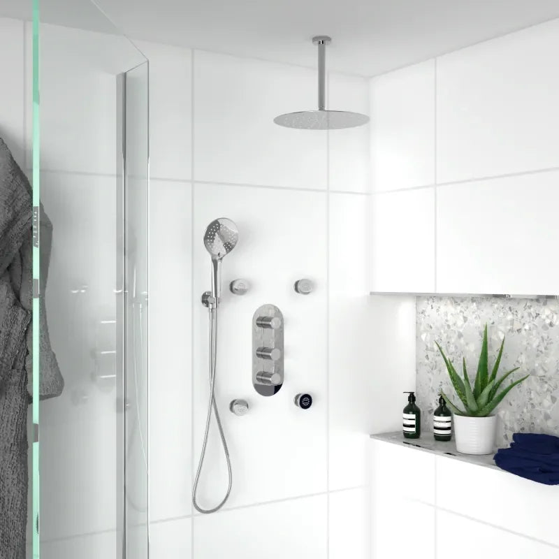 Tweed round shower valve triple 3-way with thermostatic stop in chrome, three-outlet temperature control