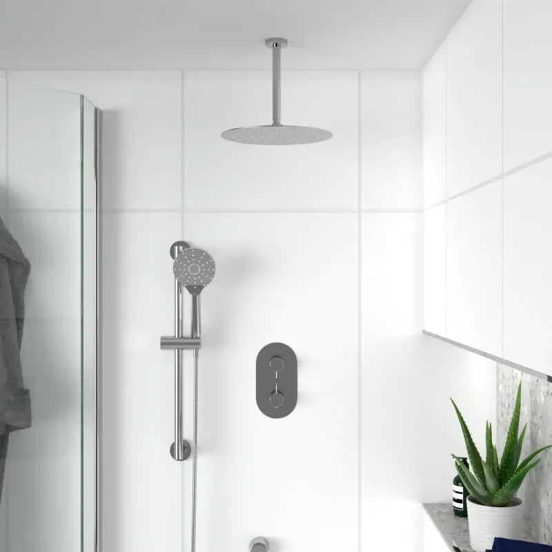 Tweed round ceiling-mounted shower arm in chrome, connecting overhead shower head for rainfall experience