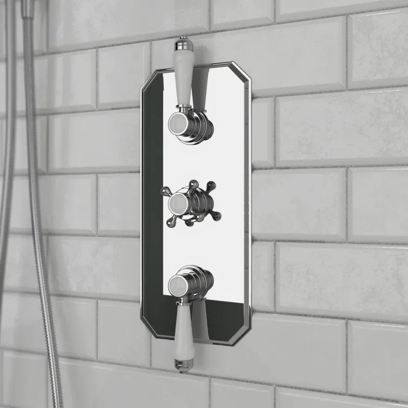 Carmel traditional shower valve triple 3-way with thermostatic stop, chrome with crosshead handles and shower set