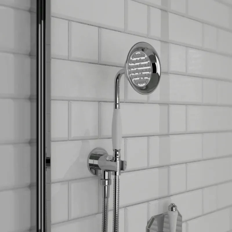Carmel traditional handset with built-in inlet, single function in chrome, heritage-style handheld shower
