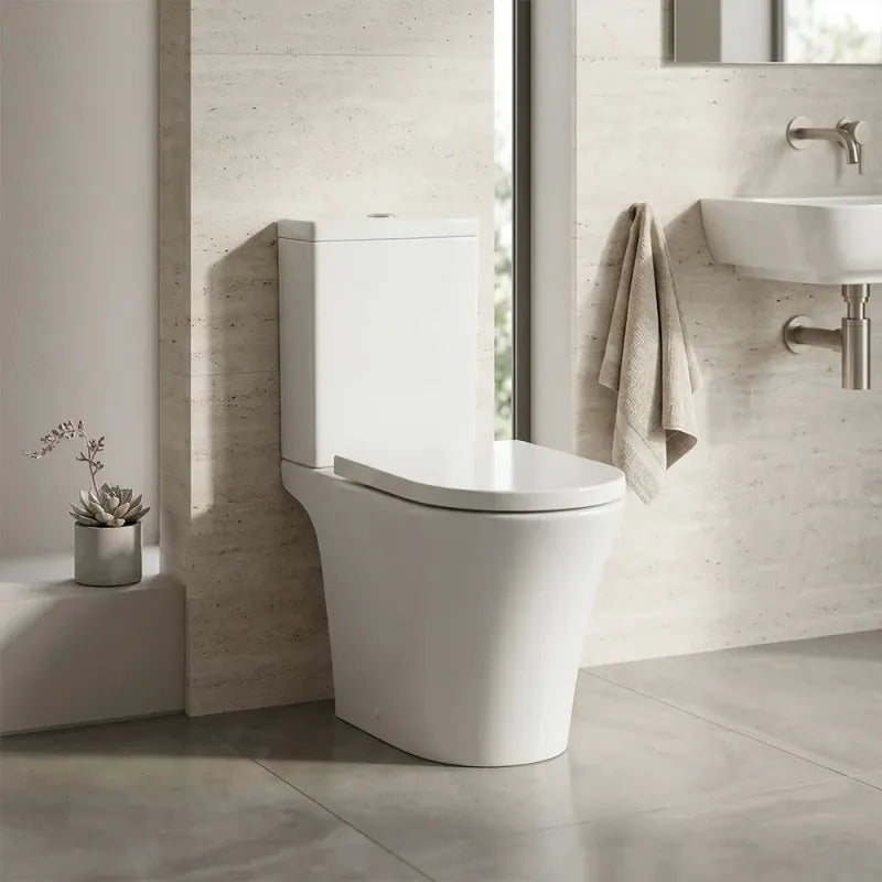 Carolina close couple pan in comfort height with rimless open back design, white modern toilet