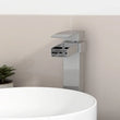 Glenoe tall waterfall basin mixer tap in chrome, no waste, elevated design for countertop basins with cascading spout