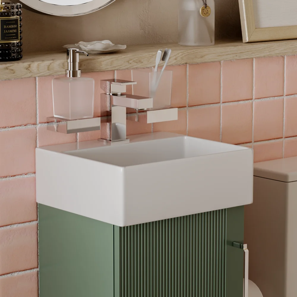Celeste Linear Cloakroom Suite — 325mm Green Fluted Vanity Unit & Close-Coupled Toilet