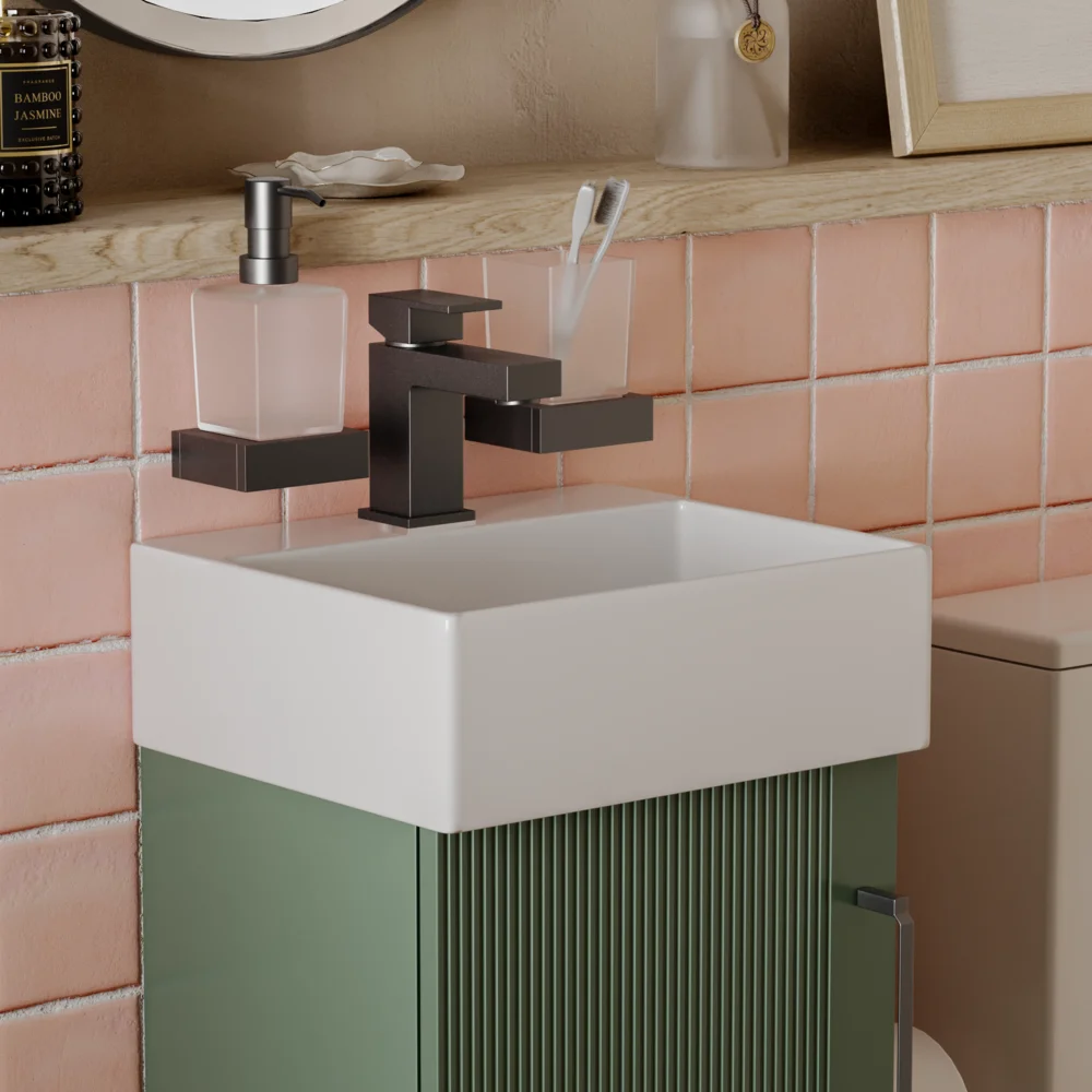 Celeste Linear Cloakroom Suite — 325mm Green Fluted Vanity Unit & Close-Coupled Toilet