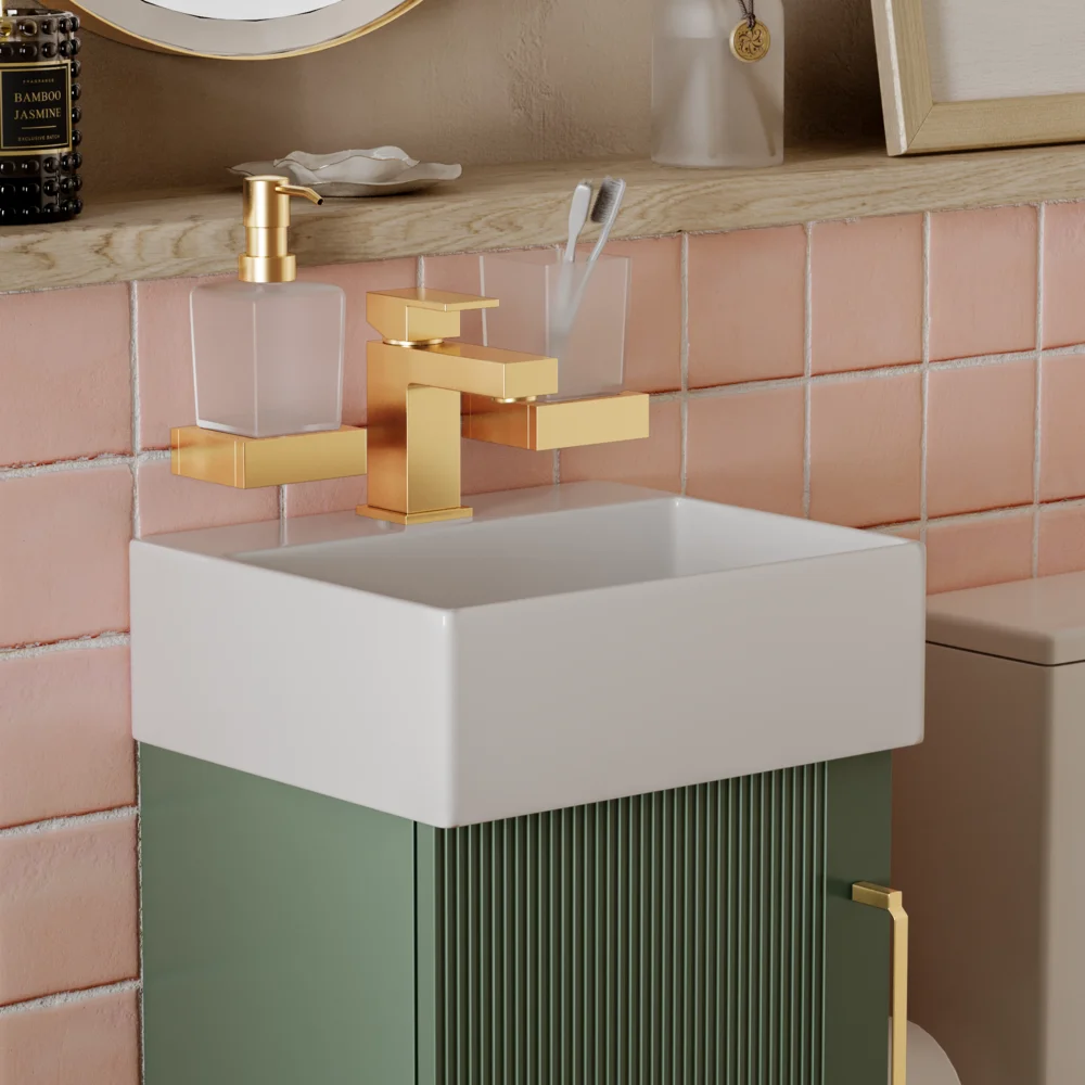 Celeste Linear Cloakroom Suite — 325mm Green Fluted Vanity Unit & Close-Coupled Toilet