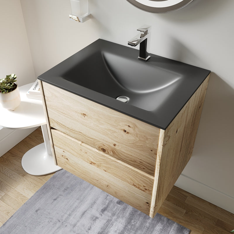 Akron Oak 600mm Wall Hung Black Basin Unit: 2 Drawers, Handleless