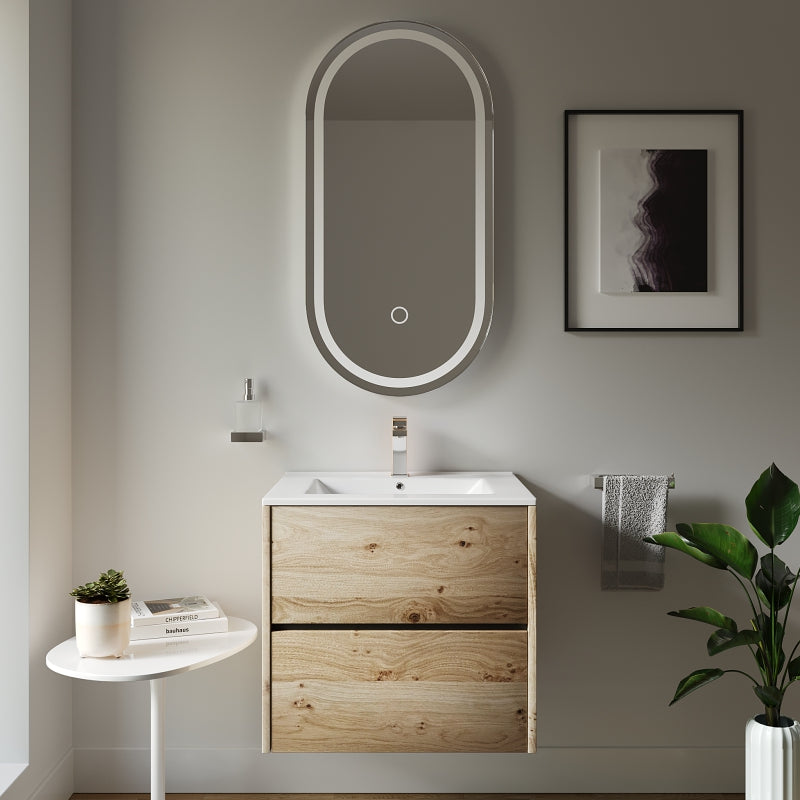 Akron Oak 600mm Wall Hung White Basin Unit: 2 Drawers, Handleless