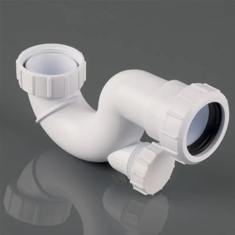 Bath trap with cleaning eye 1.5 inch x 0.75 inch, white plastic with accessible cleaning access point