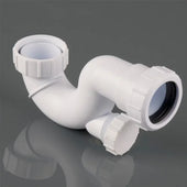 Bath trap with cleaning eye 1.5 inch x 0.75 inch, white plastic with accessible cleaning access point
