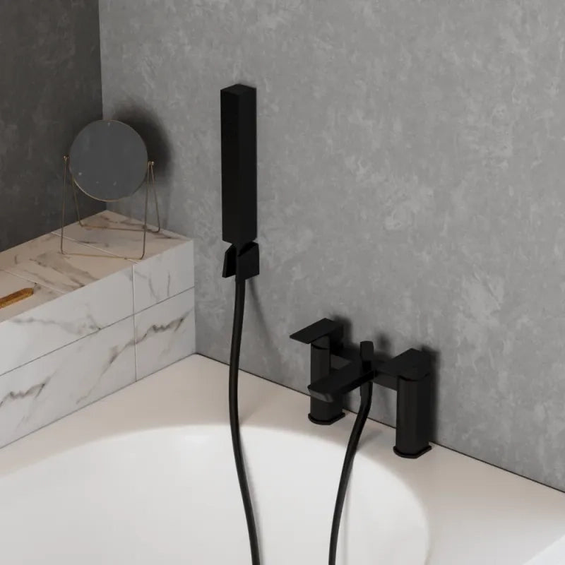 Nuro bath shower mixer tap in matt black with handheld shower and hose, bold modern dual-function design