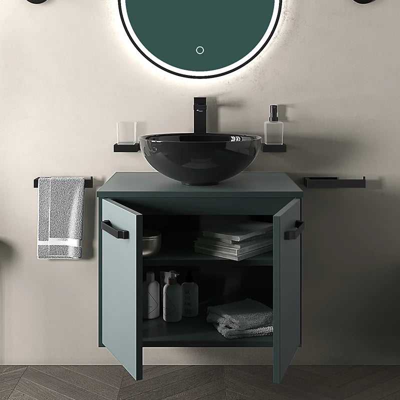Celeste 600mm Wall Hung Green Vanity Unit with Black Round Countertop Basin