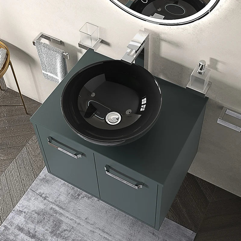 Celeste 600mm Wall Hung Green Vanity Unit with Black Round Countertop Basin