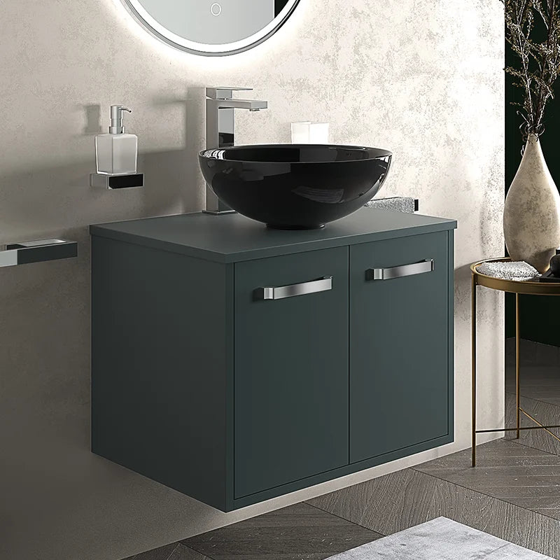 Celeste 600mm Wall Hung Green Vanity Unit with Black Round Countertop Basin