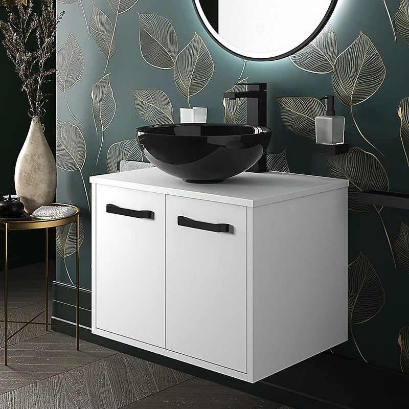 Celeste 600mm Wall Hung White Vanity Unity with Black Round Countertop Basin