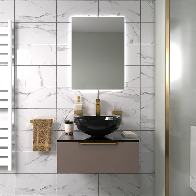 Pemberton 600mm Gold Vanity Unit with Black Countertop Basin & Glass Top with Tap