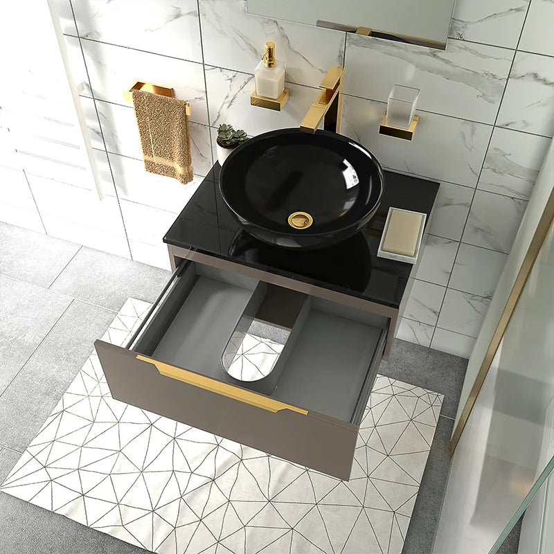 Pemberton 600mm Gold Vanity Unit with Black Countertop Basin & Glass Top with Tap