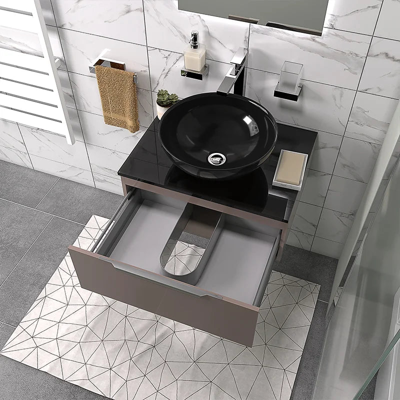 Pemberton 600mm Gold Vanity Unit with Black Countertop Basin & Glass Top with Tap