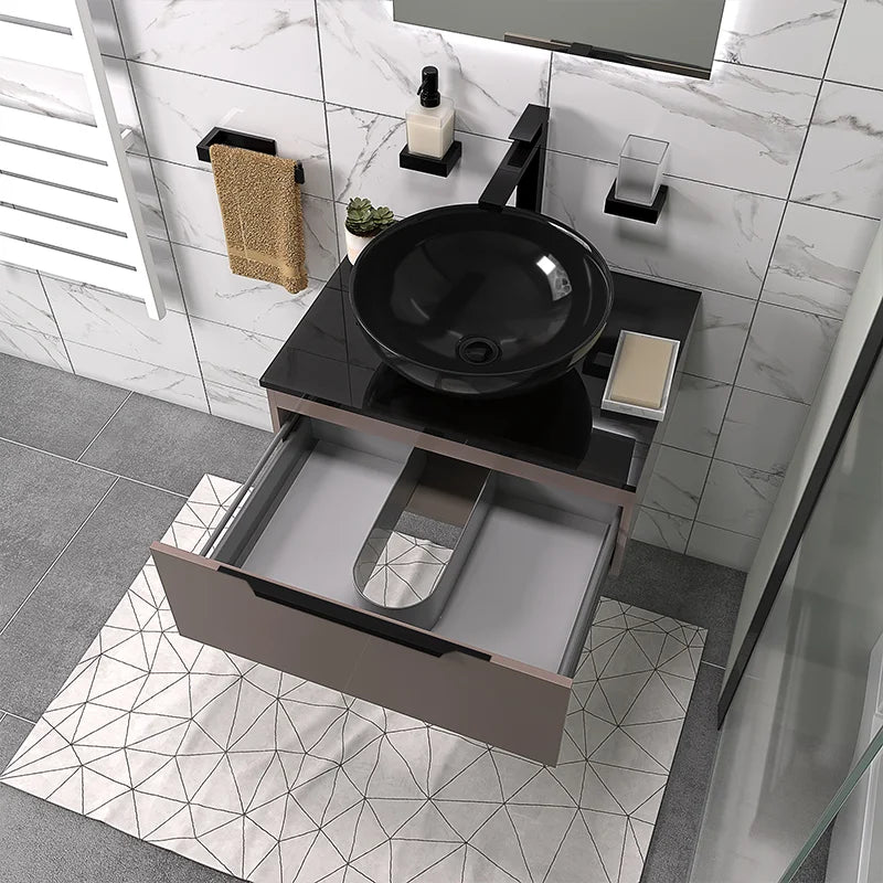 Pemberton 600mm Gold Vanity Unit with Black Countertop Basin & Glass Top with Tap