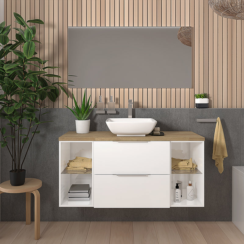 Sonix 1200 White Wall Hung Vanity Unit with Solid Oak Worktop and Side Units