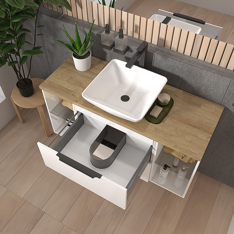 Sonix 1200 White Wall Hung Vanity Unit with Solid Oak Worktop and Side Units