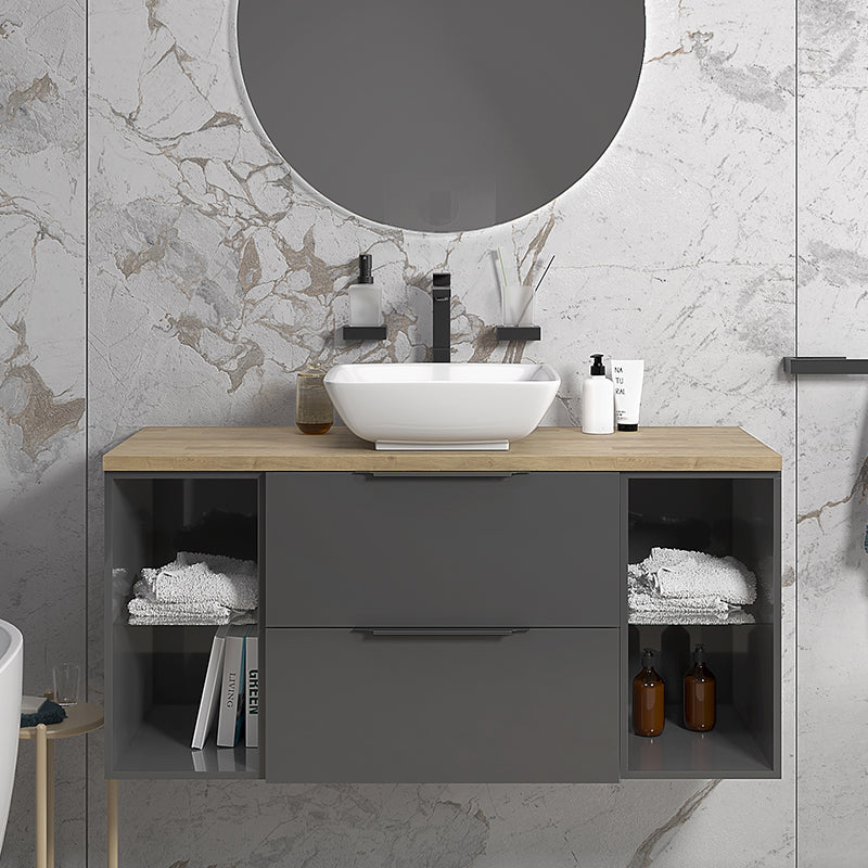 Sonix Grey 1200 Wall Hung 2 Drawer Vanity Sink Unit with Oak Countertop