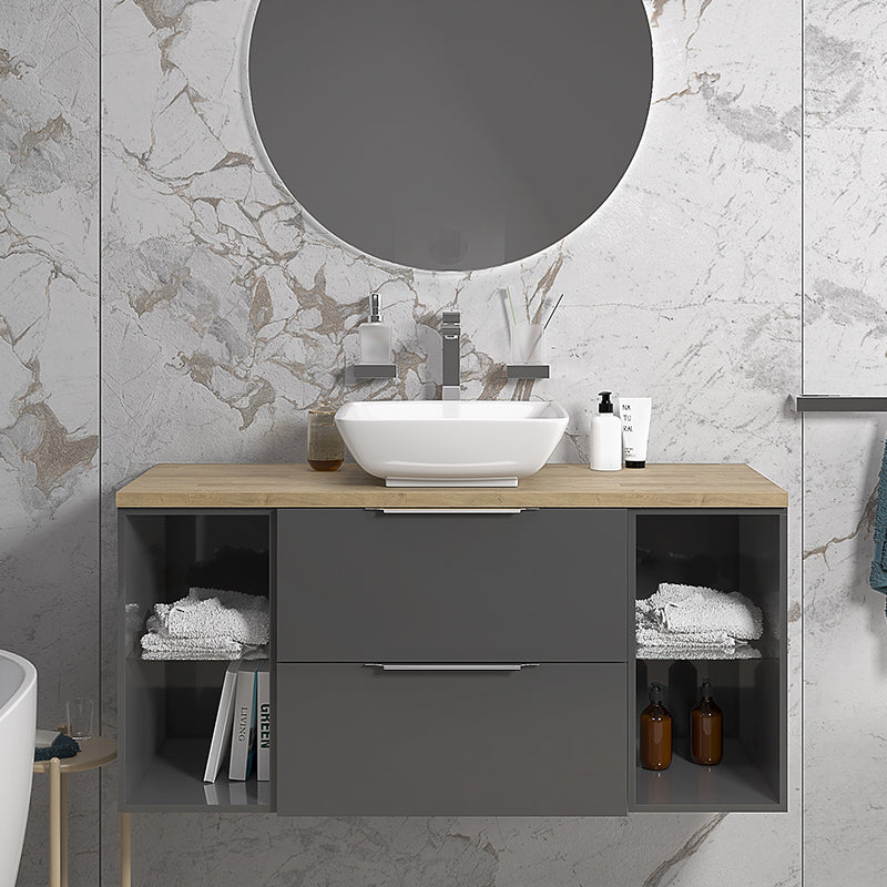 Sonix Grey 1200 Wall Hung 2 Drawer Vanity Sink Unit with Oak Countertop