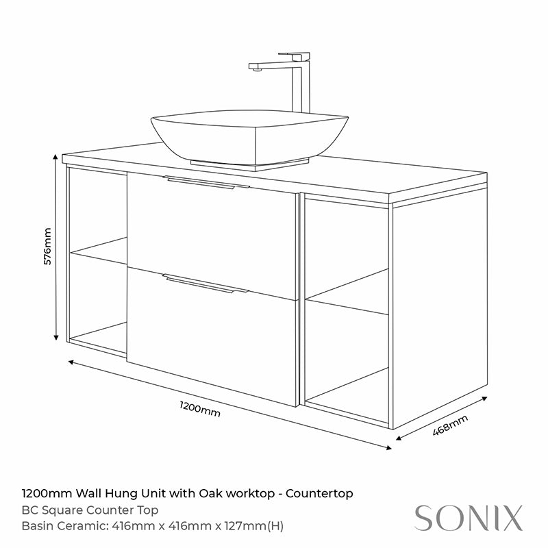 Sonix Grey 1200 Wall Hung 2 Drawer Vanity Sink Unit with Oak Countertop