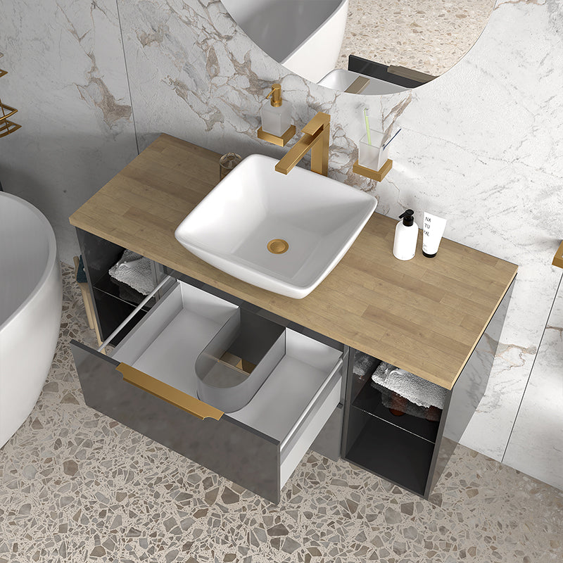 Sonix Grey 1200 Wall Hung 2 Drawer Vanity Sink Unit with Oak Countertop
