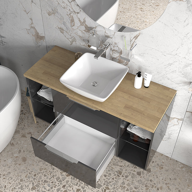 Sonix Grey 1200 Wall Hung 2 Drawer Vanity Sink Unit with Oak Countertop